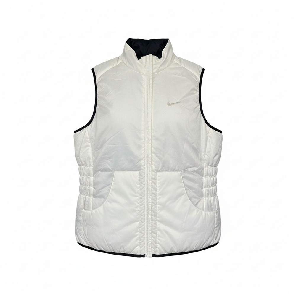 Nike Reversible Puffer Vest Women L Black White Quilted Full Zip Athletic Swoosh